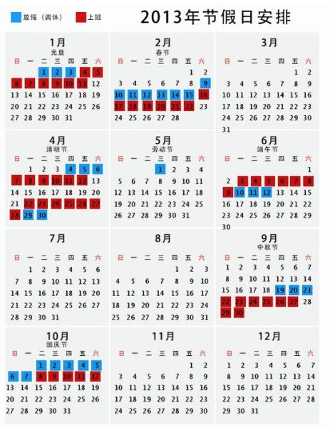 2013年放假安排，2013年日歷，2013年假期安排，2013年節假日安排，2013年放假通知