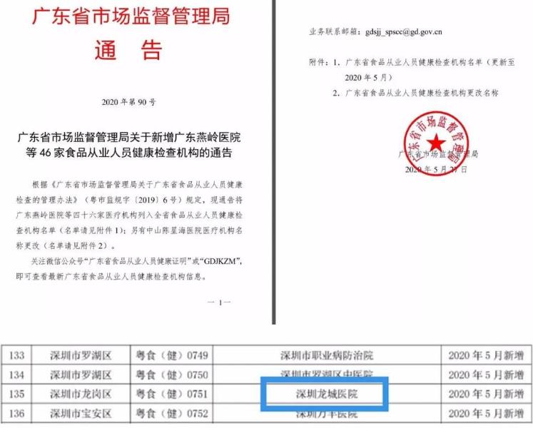 深圳龍城醫院獲批食品從業人員健康檢查資質